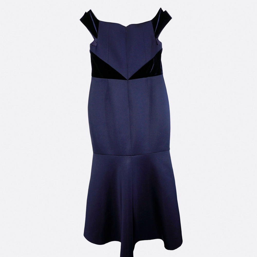 Eliza J Scuba Mermaid Gown Velvet Trim Navy Hourglass High Low Dress 14P 0X L - Picture 3 of 10